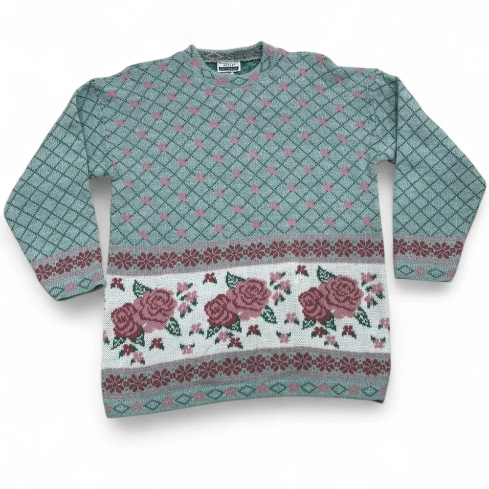 VTG Adele Knitsweater Green Floral Acrylic Granny Cottagecore USA